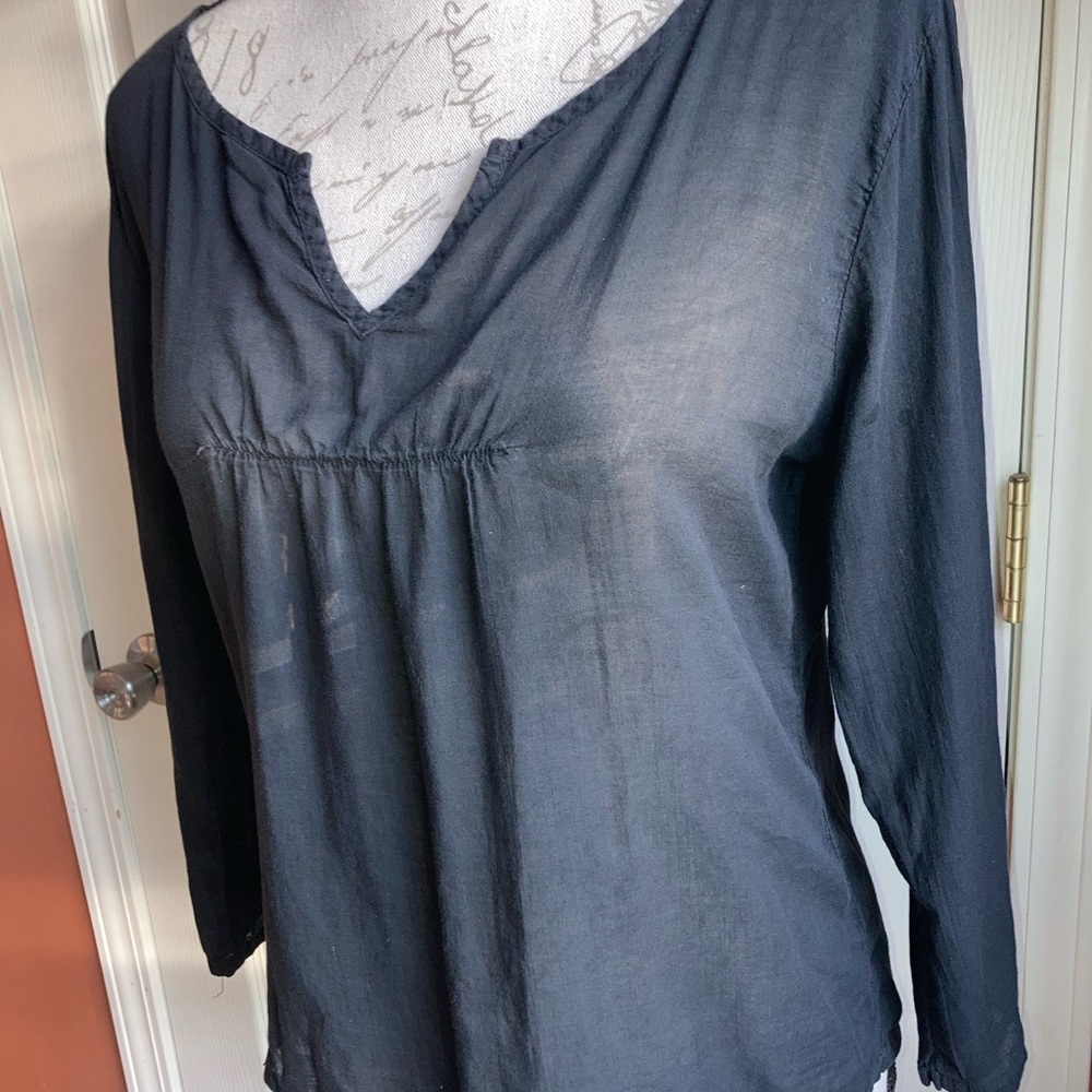 Black Sheer Lightweight Cotton Blouse Top 3/4 Sleeves by City Lights Medium - Picture 2 of 8